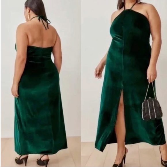 REFORMATION Green Velvet Front Slit Halter Plus Size Formal Prom Dress - Picture 9 of 12